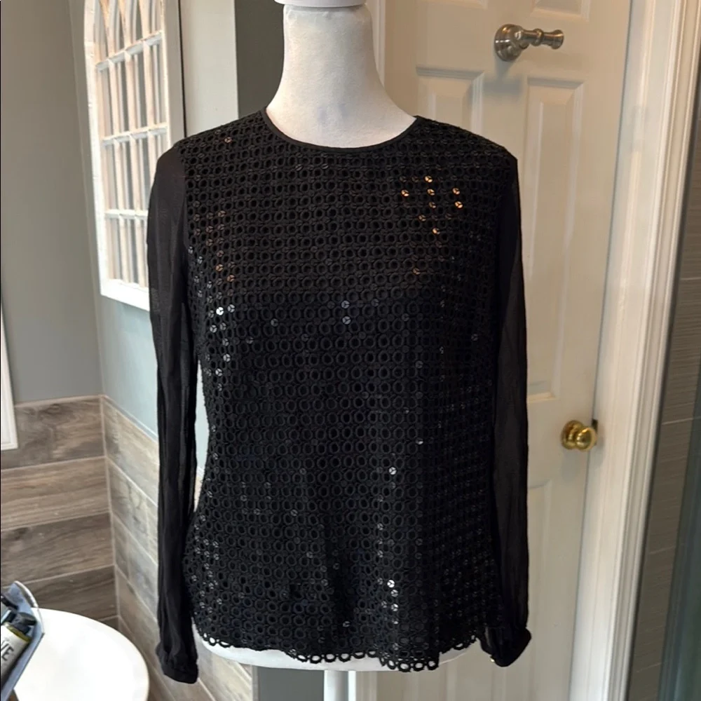 Tory Burch Woman's Long Sleeve Sequin‎ Top Sheer Sleeves Black Size 4